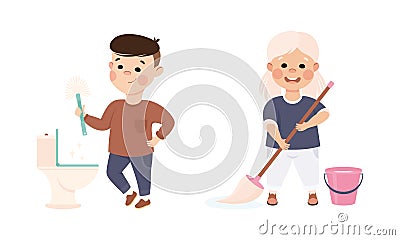 Kids doing household chores set. Boy cleaning toilet bowl, girl mopping floor with mop cartoon vector illustration i Vector Illustration