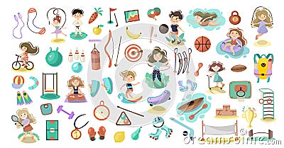 Kids doing sport games, vector cartoon illustration. Playing, jumping, swimming boys and girls with sports equipment Vector Illustration