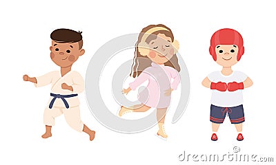 Kids doing sports set. Cute children doing karate, skating on rink and boxing cartoon vector illustration Vector Illustration