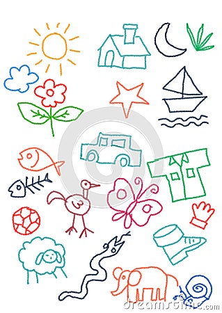 Kids doodle color-full random object crayon icon collection. car, sun, home, butterfly, snake Stock Photo