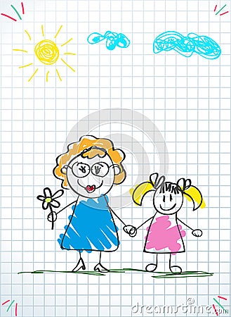 Kids doodle drawings of girl and woman together. Vector Illustration