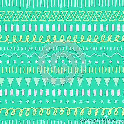 Kids Doodles seamless vector background. Ethnic and tribal style pattern green, yellow, teal, pink. Hand drawn doodle Vector Illustration