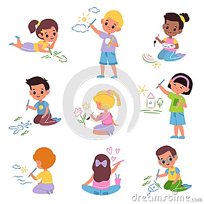 Kids draw. Little children with colored pencils, young artists with brushes and paints, boys and girls paint everything Vector Illustration