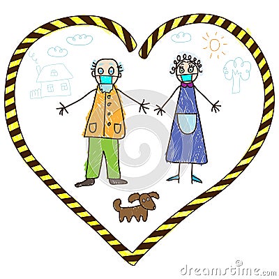 Kids Drawing. Grandparents in Self-isolation during coronavirus pandemic Vector Illustration