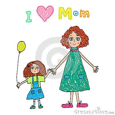 Kids Drawing. Happy Mother`s Day Vector Illustration