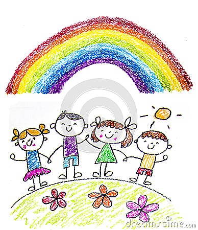 Kids drawing image. Little children, boys and girls. School, kindergarten illustration. Play and grow. Teacher with students Cartoon Illustration