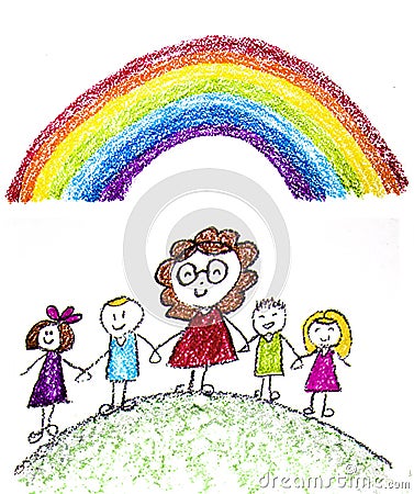 Kids drawing image. Little children, boys and girls. School, kindergarten illustration. Play and grow. Teacher with students Cartoon Illustration