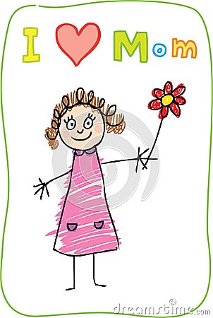 Kids Drawing. The Mother's Day. I love Mom Vector Illustration