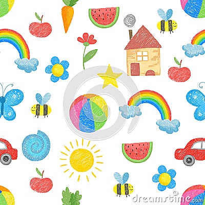 Kids drawing pattern. Family parents plants toys childrens colored hand drawn objects for textile design vector seamless Vector Illustration