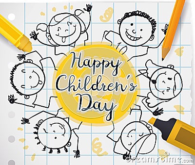 Kids Drawing and School Supplies to Celebrate Children`s Day, Vector Illustration Vector Illustration