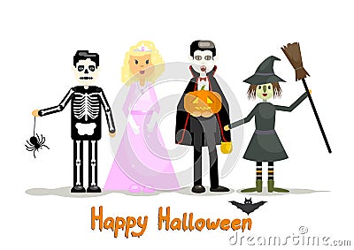 Kids dressed in Halloween costumes. Vector Illustration