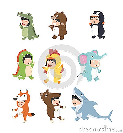 Kids dressed in onesies various animals set Vector Illustration