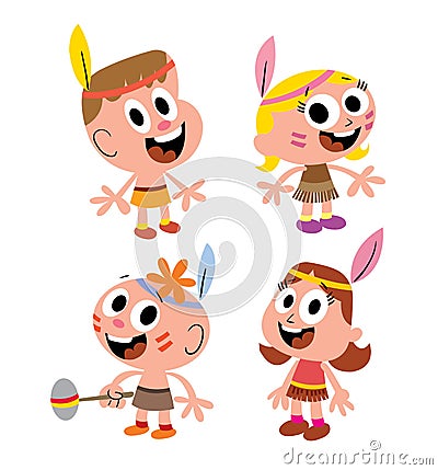 Kids dressed up as American Indians set of four Vector Illustration