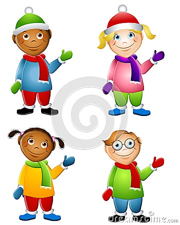 Kids Dressed For Winter Cartoon Illustration