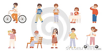 Kids drink beverages. Dinner or lunch time, feel thirsty. Little children drinking water and juice, milk and lemonade Vector Illustration