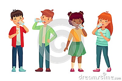Kids drink glass of water. Happy boy and girl drinks. Children drinking hydration level care vector cartoon illustration Vector Illustration