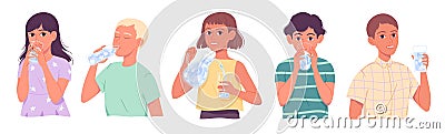 Kids drinking water, children drinks water, boys and girls quenching thirst on white background. Vector Illustration