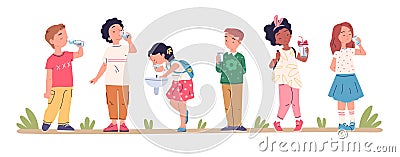 Kids drinking water. Thirsty children hold glass cup with refreshing drinks, fountain watering kid boy child thirst Vector Illustration