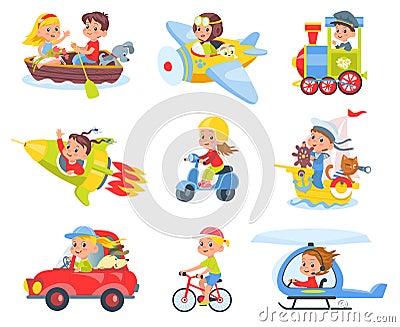 Kids drivers and pilots. Cute children in colorful childish transport, smiling boys and girls driving helicopters and Vector Illustration