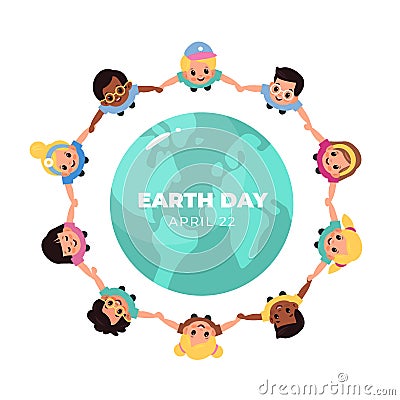 Kids earth world day. Children hold hands around globe, multicultural boys and girls closed circle, friends lead round Vector Illustration