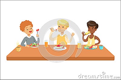 Kids Eating Brekfast And Lunch Food And Drinking Soft Drinks Set Of Cartoon Characters Enjoying Their Meal Sitting At Vector Illustration