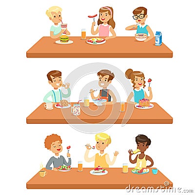 Kids Eating Brekfast And Lunch Food And Drinking Soft Drinks Set Of Cartoon Characters Enjoying Their Meal Sitting At Vector Illustration