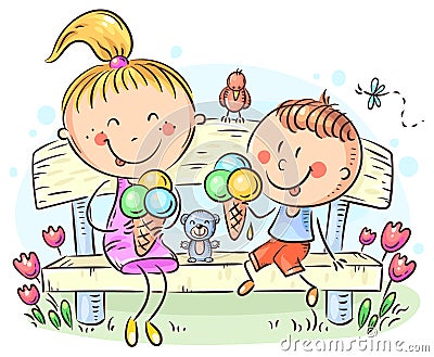 Kids eating ice-cream sitting on a bench in the park Vector Illustration