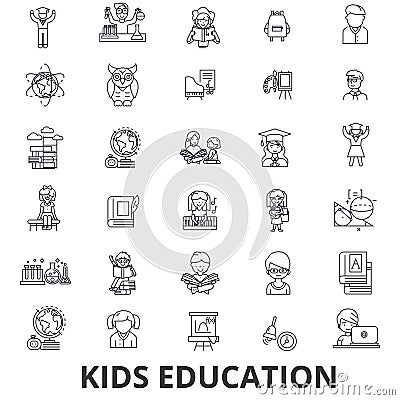 Kids education, learning, education background, school, education technology line icons. Editable strokes. Flat design Vector Illustration
