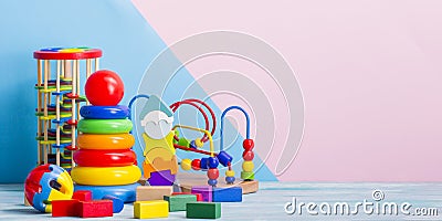 Kid toys background. Copy space for text. Stock Photo