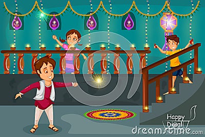 Kids enjoying firecracker celebrating Diwali festival of India Vector Illustration