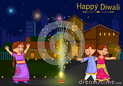 Kids enjoying firecracker celebrating Diwali festival of India Vector Illustration
