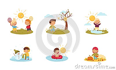 Kids Enjoying Seasons Playing Building Snowman and Playing Badminton Vector Set Vector Illustration