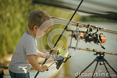 Kids enyoj happy day. Fishing, angling, activity, adventure, sport Stock Photo