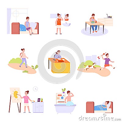 Kids everyday activities. Daily child actions cartoon collection, day time children schedule, study school exercise Vector Illustration