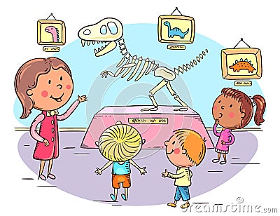 Kids on excursion in the dinosaur or natural history museum with a guide or teacher Vector Illustration