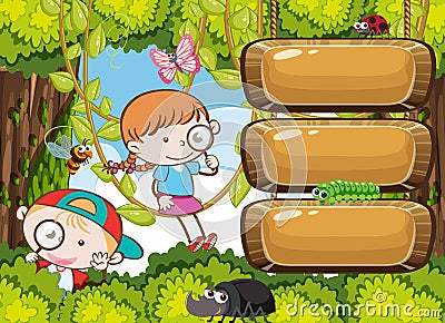 Kids Exploring Rain Forest Banner Vector Illustration