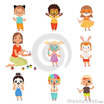 Kids face painting. Animator drawing and playing with childrens party costumes makeup vector cartoon Vector Illustration