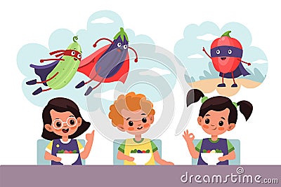 Kids fantasies. Cartoon children dreaming about superhero vegetables characters. Happy girls and boy sit at table and Vector Illustration