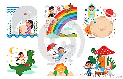 Kids fantasy world. Children imagination, childhood dream adventures. Imagine magic, kid on playground. Childish mind Vector Illustration