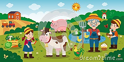 Kids farm. Happy farmer family. Boy on nature ranch. Girl feeding cow. Funny chick and pig. Children in domestic country Vector Illustration