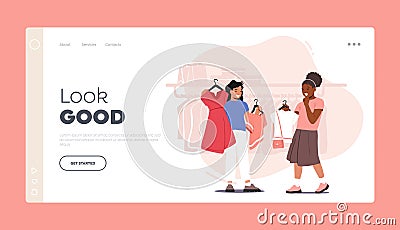 Kids Fashion Landing Page Template. Little Girl Friends Choosing Clothes in Boutique. Dress Collection, Shopping Apparel Vector Illustration