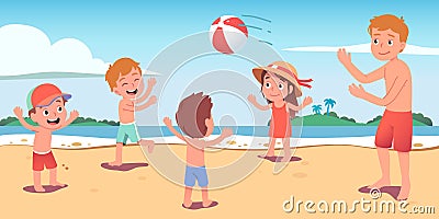 Kids, father playing beach ball at summer seaside Vector Illustration