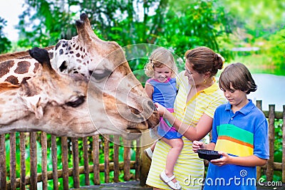 Kids feeding giraffe in a zoo Stock Photo