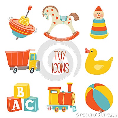 Kids First Toys icon set. Baby shower design element. Cartoon vector hand drawn eps 10 illustration isolated on white Vector Illustration