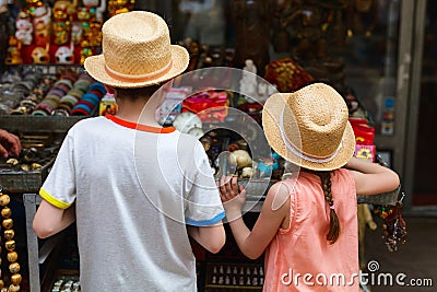 Kids at flea market Stock Photo