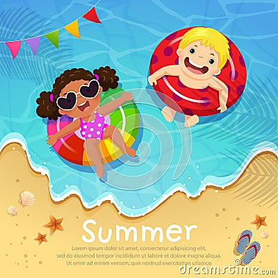 Kids floating on inflatable at the beach in summer time. Template for advertising brochure Vector Illustration