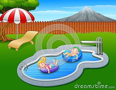 Kids floating on inflatable ring in the pool Vector Illustration