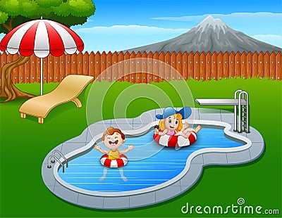 Kids floating on inflatable ring in the pool Vector Illustration