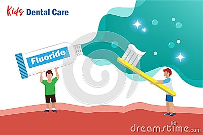 Kids and fluoride toothpaste brushing teeth. Boys cleaning teeth with bubbles. Children dental and oral care, dental clinic Vector Illustration