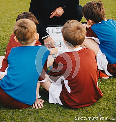 Kids Football Team with Coach at the Soccer Field. Youth Coach Explaining The Tactics Board Editorial Stock Photo